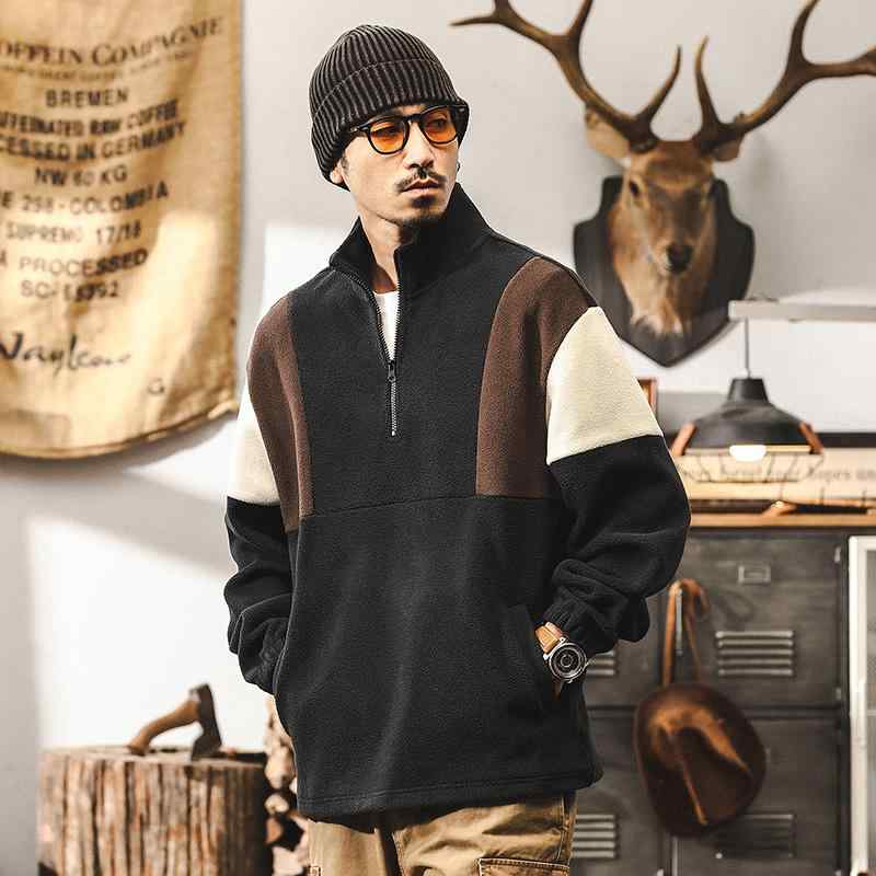 春 コーデ メンズ 用 服 シンプル ファッション オシャレ 大人 かっこいい 大きいサイズ ストリート 紳士服 アメリカン レトロ ヘビー スウェット シャツ ハーフ ジッパー ハイネックインナー フリース ジャケット