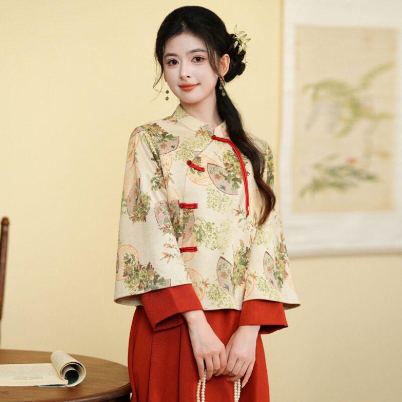 民族風 レディース レトロ アジアンテイスト ドレス 漢服 プリント トップス レディース 茶道 衣装 ツーピース セット トップス