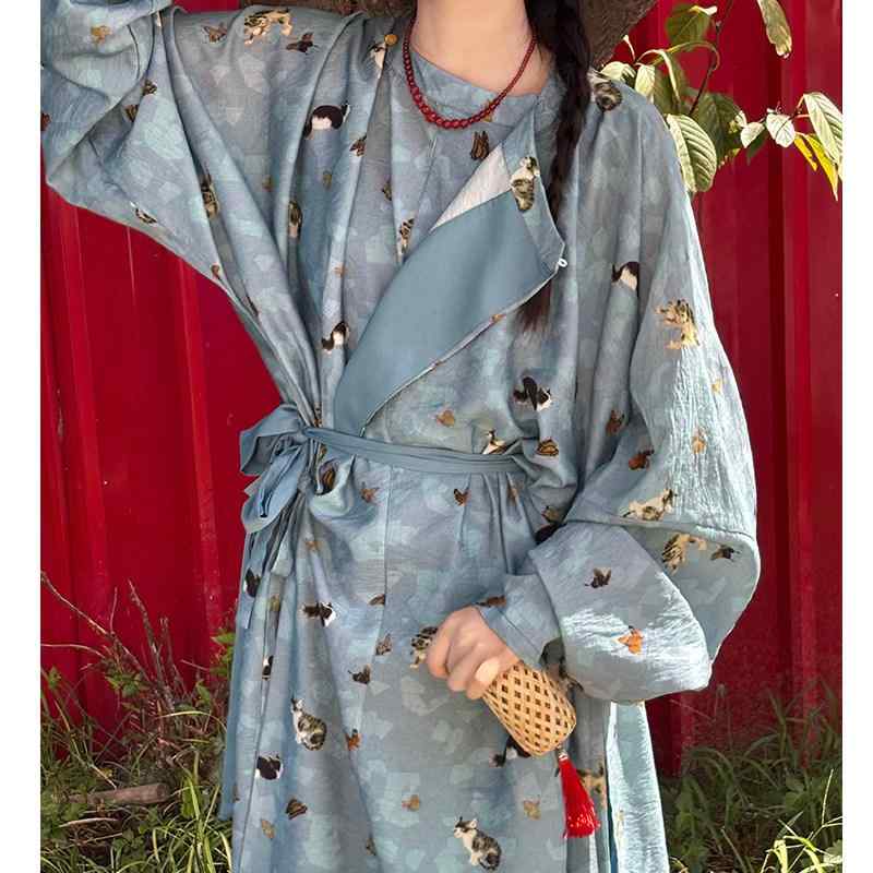 レディース 漢服 唐代 丸首 ローブ プリント 青 ランタン パンツ