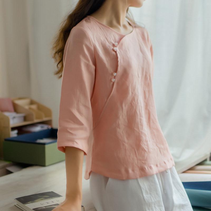 レディース 服 七分袖 綿 麻 レトロ ゆったり リネン 丸首 トップス |リコット
