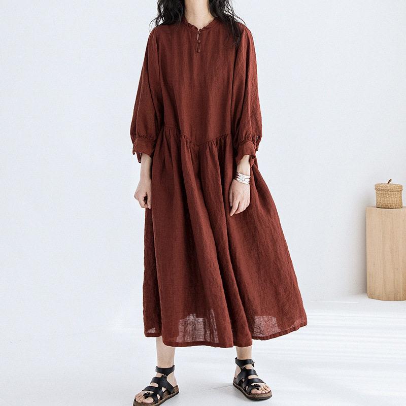 コットン リネン レディース 服 リネン ドレス 八分丈 スリーブ ゆったり フィット ワンピース