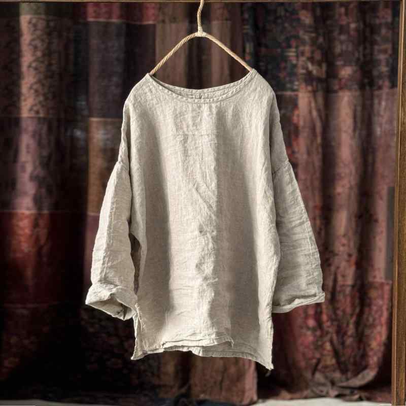 リネン ラウンドのど首 トップス レトロ レディース 服 茶道 無地 プルオーバー 分かりやすい トップス