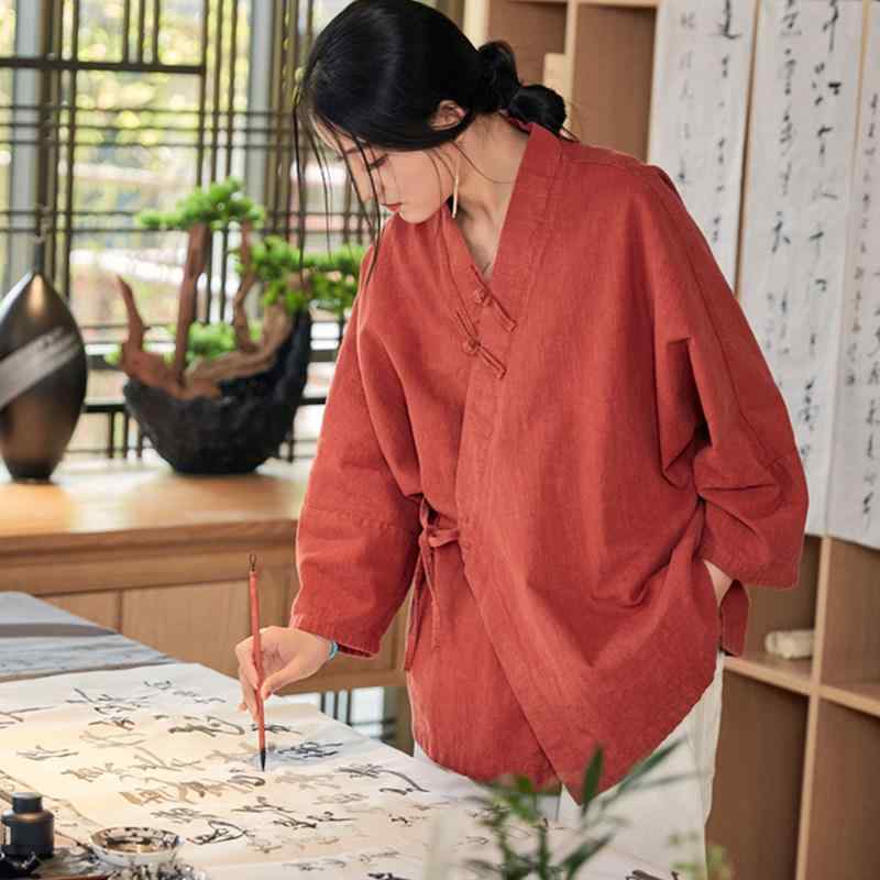 レディース コットン リネン 漢服 レースアップ トップス 斜め襟 ボタン付き レトロ ドレス シャツ 7,027円