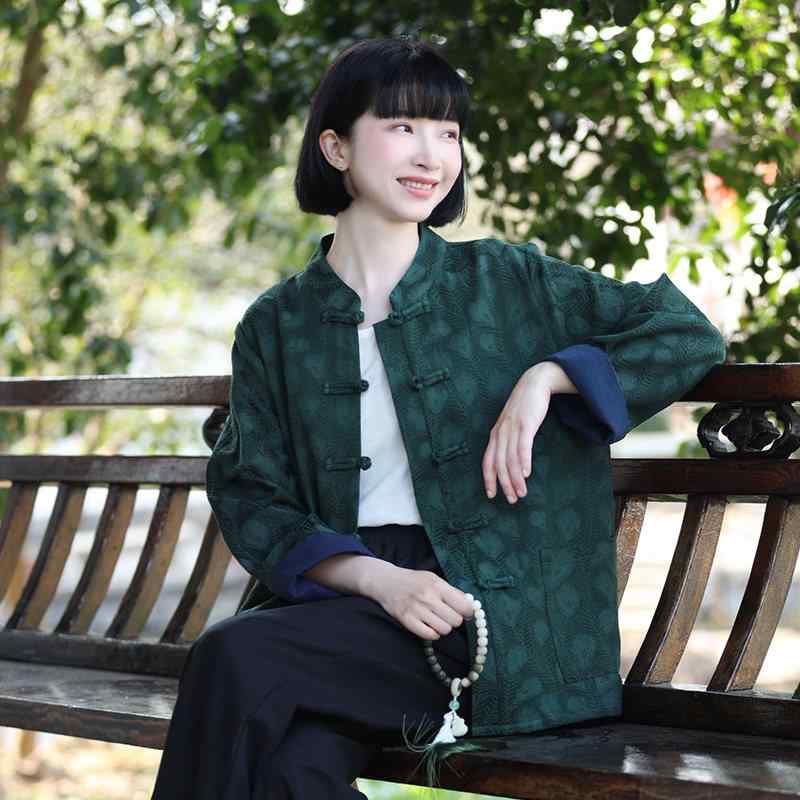 レトロ グリーン ボタン レディース ゆったり 唐装 トップス