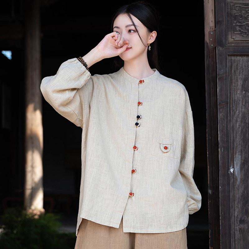 カラムシ ティーシャツ レディース 長袖 ゆったり 綿織物 リネン 服 トップス レトロ 民族風 ジレー 上衣 アウター