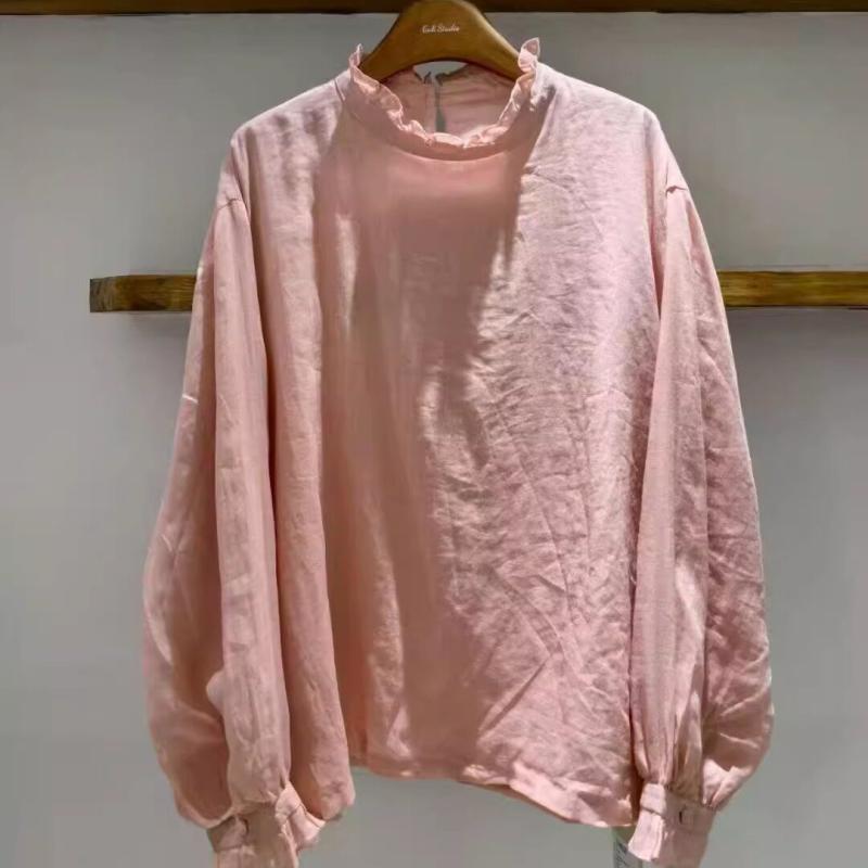 レディース 単品 ボタン バック ダブルレイヤー タンス リーブ アーティスティック フリル スタンドカラー トップス