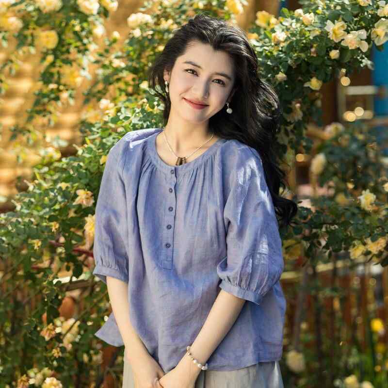 ゆったり リネン ミドル スリーブ シャツ 前立て ラウンドネック レディース コットン シャツ