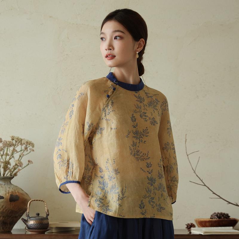 レトロ 刷り上げる カラムシ トップス レディース ゆったり 薄っぺら 綿織物 リネン 紅茶 御召しもの