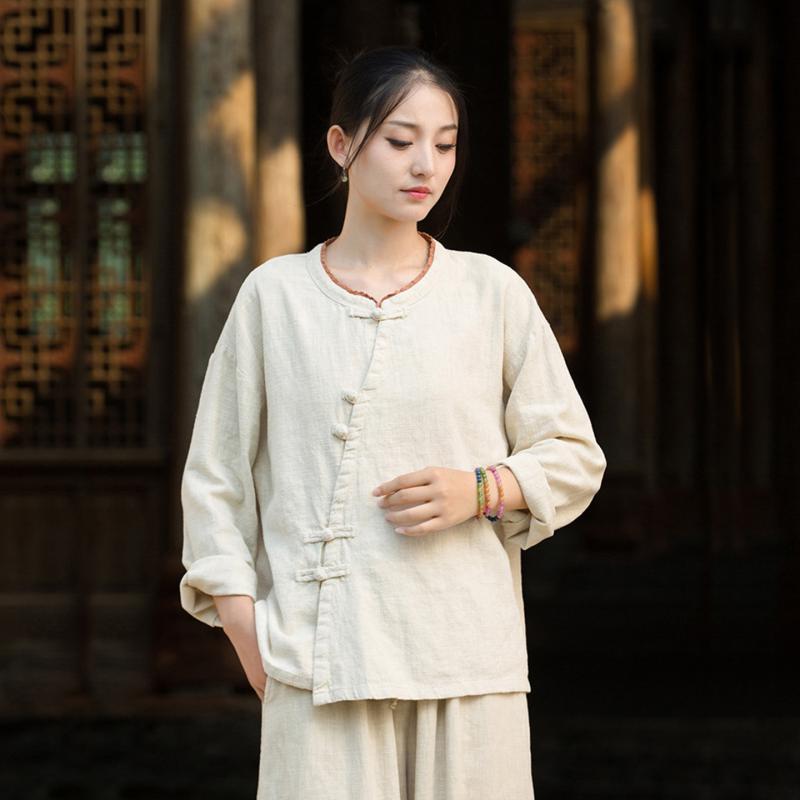 仏教 婦人服 レディース 綿 麻 トップス ラミー ティー ドレス ボタン レース カラー ブラウス 漢服 トップス |リコット