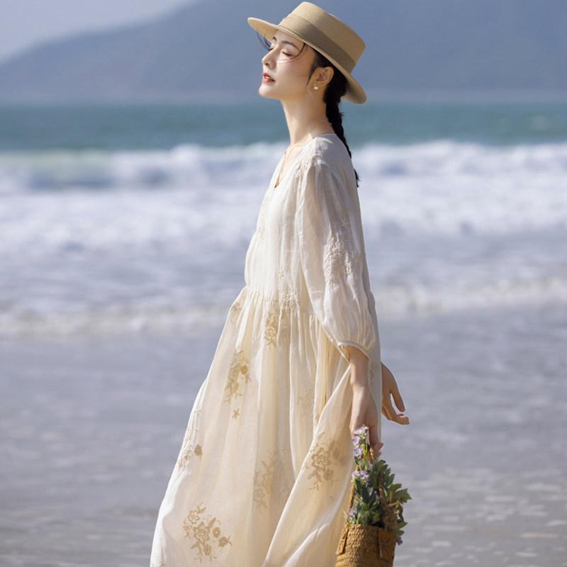 レディース カラムシ お召しもの 夏 炎節 衣装 エスニック 綿織物 リネン お上さん服 レディース ゆったり 心地よい 旅する ロング 砂浜 衣装 ロング スコート