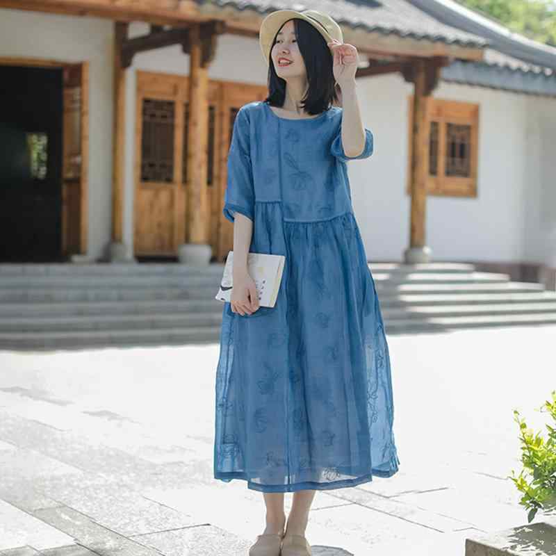 ラミー ドレス ハイウエスト ラウンドネック ミドル スリーブ ゆったり ロング スリミング レディース 服 ワンピース ロング スカート