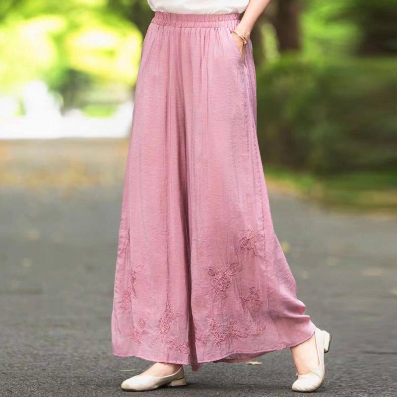 レトロ ワイドレッグ パンツ レディース 薄手 ストレッチ ウエスト ゆったり カジュアル