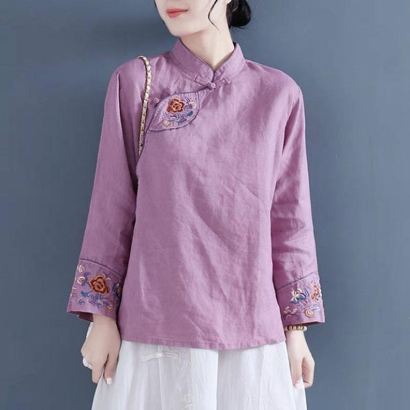 レディース 青 長袖 コットン リネン シャツ 服 レトロ 斜め前立て カエル ボタン トップス 民族風 ティー ドレス トップス