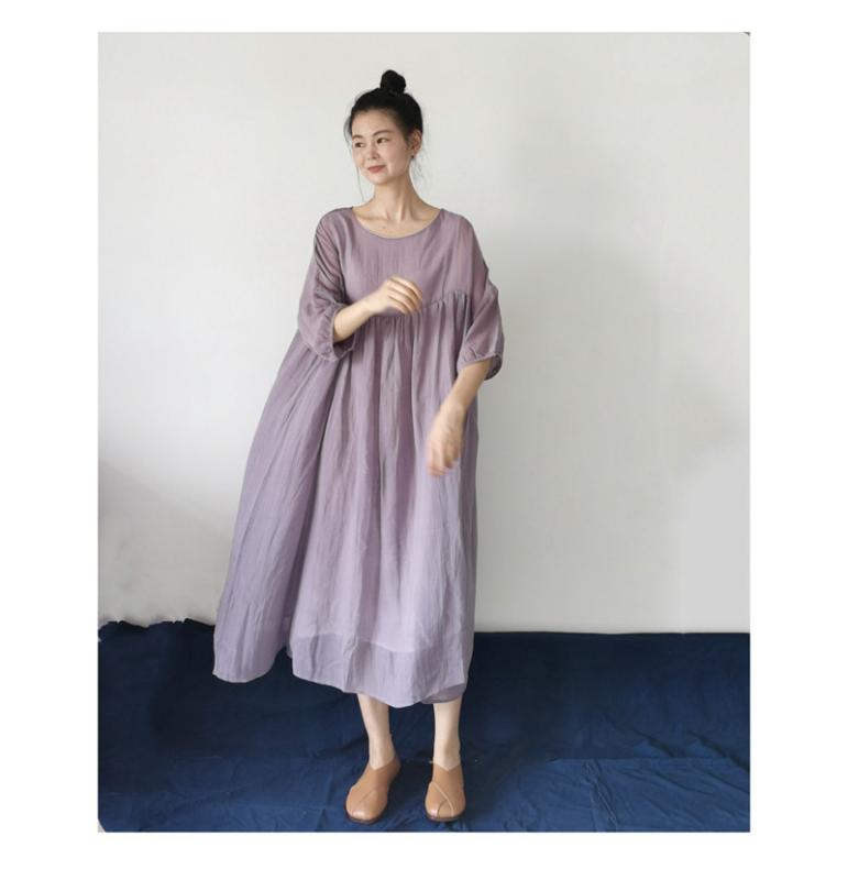 レディース 夏 サマー ドレス ラミー ゆったり ハイウエスト フェアリー レトロ ラウンドネック 大きいサイズ 綿 リネン ロング ローブ ワンピース ロング スカート