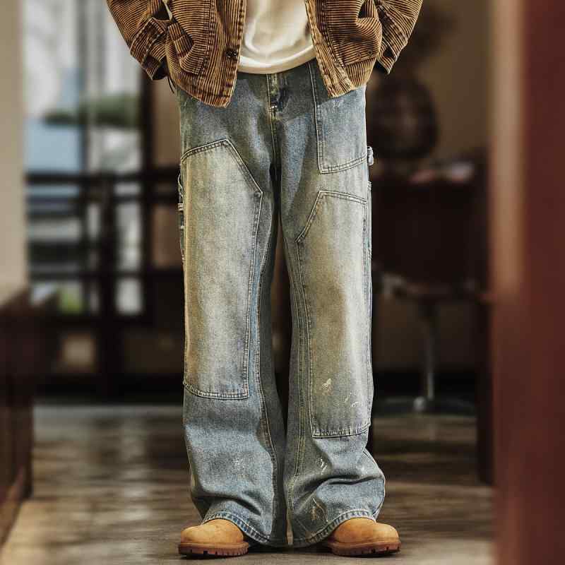 ストリート レトロ ウォッシュド ジーンズ メンズ 春　秋 ストレート レッグ カーゴ ワイドレッグ パンツ｜リコット