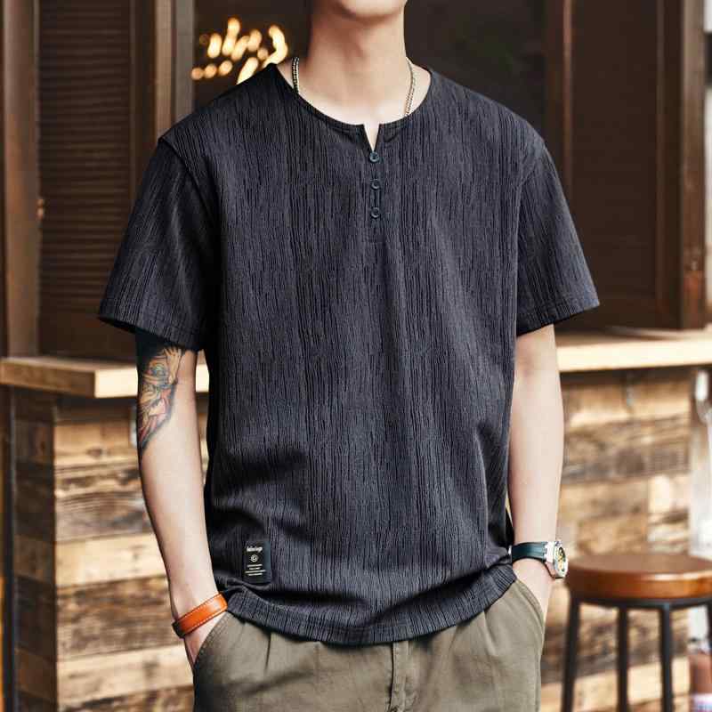 ヘンリーカラー Tシャツ メンズ 夏 薄手 ゆったり レトロ 半袖 Tシャツ