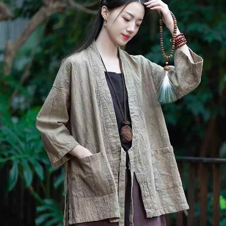 レディース コットン リネン ウエスト タイ カーディガン トップス レトロ ゆったり フィット 漢服 ジャケット アウター