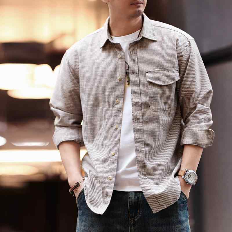 アメリカン レトロ リネン 縞模様 長袖 プルオーバー メンズ 春 秋 コーデカジュアル プルオーバー メンズ 上衣
