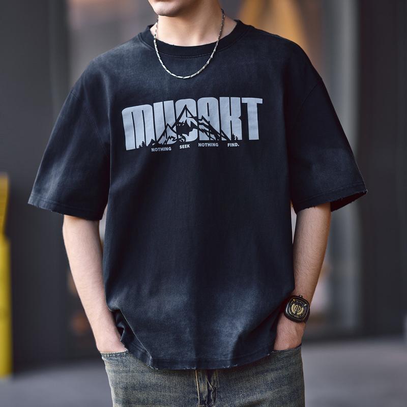 アメリカン レトロ カラーブロック ウォッシュ加工 半袖 Tシャツ メンズ 夏 クルーネック Tシャツ