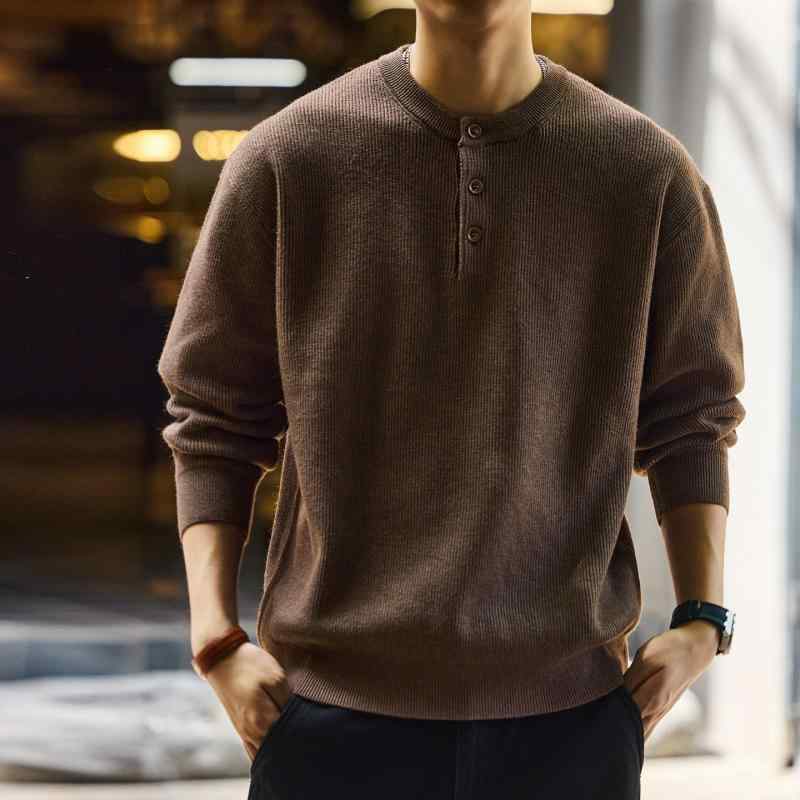 フレンチ ヘンリー色合い メンズ 長袖 プルオーバー 秋 冬 心地よい 編み物 トップス