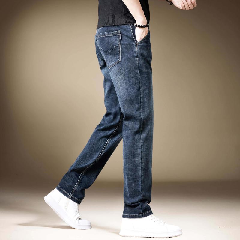 軽やか ビジネス スタイル ストレート レッグ 快適 メンズ ジーンズ 春 秋 ストレッチ スリム フィット メンズ カジュアル パンツ|リコット