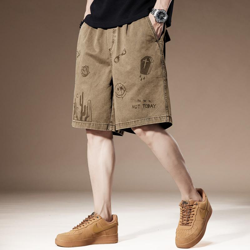 レトロ グラフィティ柄 メンズ パンツ 厚手 ウォッシュ加工 コットン 素材 ゆったり カジュアル ワーク ウェア パンツ 夏｜リコット