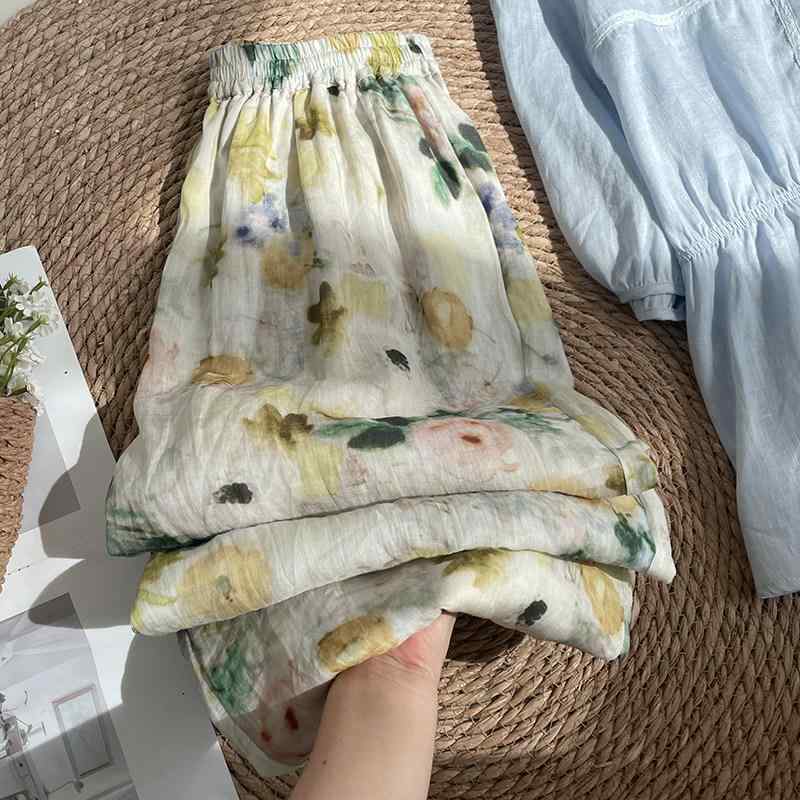 レディース コットン リネン ウォッシュ プリント リゾート リネン パンツ 通気性 カジュアル ワイドレッグ 5,448円