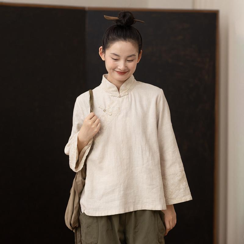 レディース オリエンタル 曲がった 読み合わせる 綿織物 リネン レトロ ゆったり 紅茶プルオーバー