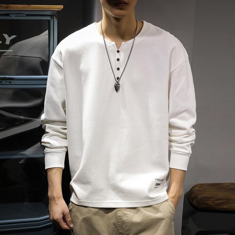 春 長袖 Tシャツ メンズ スタイル ホワイト ベースレイヤー トップ ヘンリーカラー 綿 アメリカン スタイル スウェット シャツ