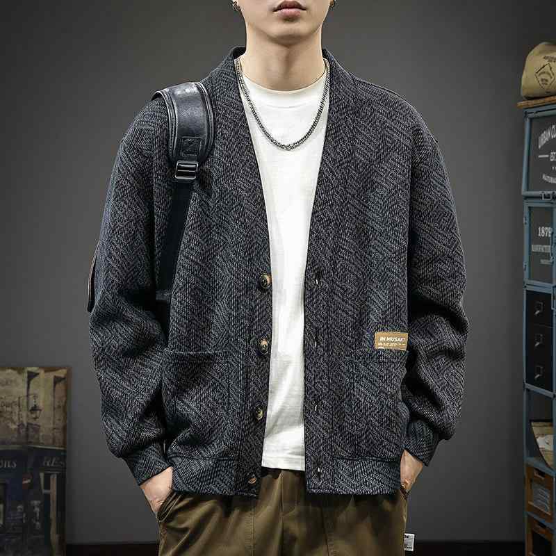 ジャカード Vネック ニット セーター メンズ 春 レトロ スウェット シャツ カーディガン 通勤ウェア 着