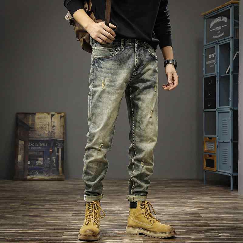 春 アメリカン レトロ ウォッシュ加工 ダメージ ジーンズ メンズ 春 秋 スタイル ストレート レッグ スリム フィット ダメージ パンツ