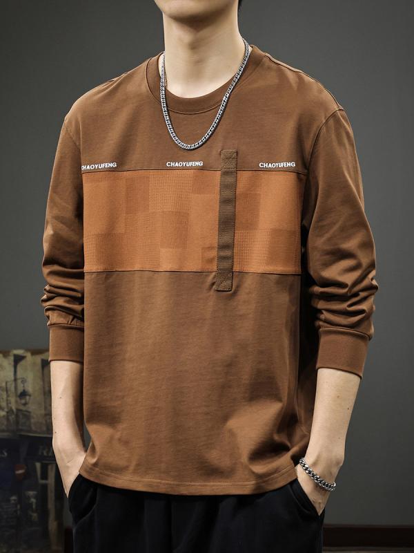 コットン 長袖 Tシャツ メンズ 秋 アメリカン スタイル プリント プルオーバー クルーネック カラーブロック スウェット シャツ