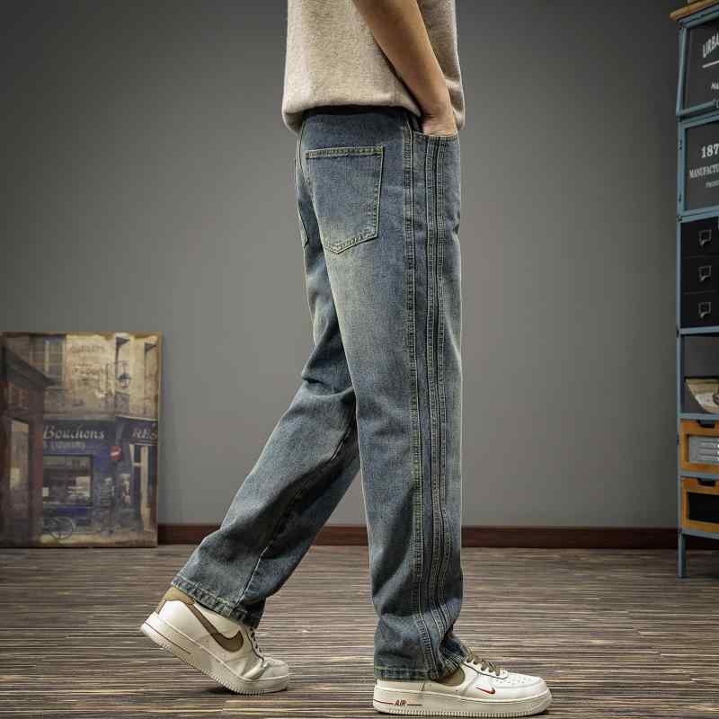 春 メンズ ストライプ ジーンズ レトロ ウォッシュ加工 ストレート レッグ パンツ