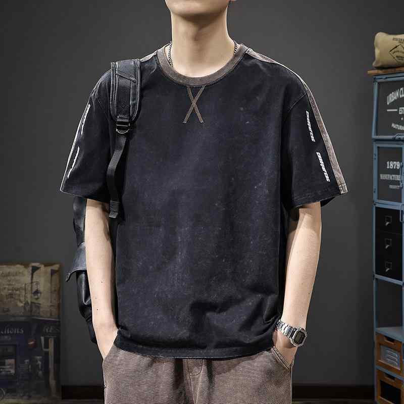 レトロ カラーブロック メンズ 半袖 Tシャツ 夏 コーデ スタイル ウォッシュ加工 ダメージ プリント クルーネック ハーフ スリーブ Tシャツ