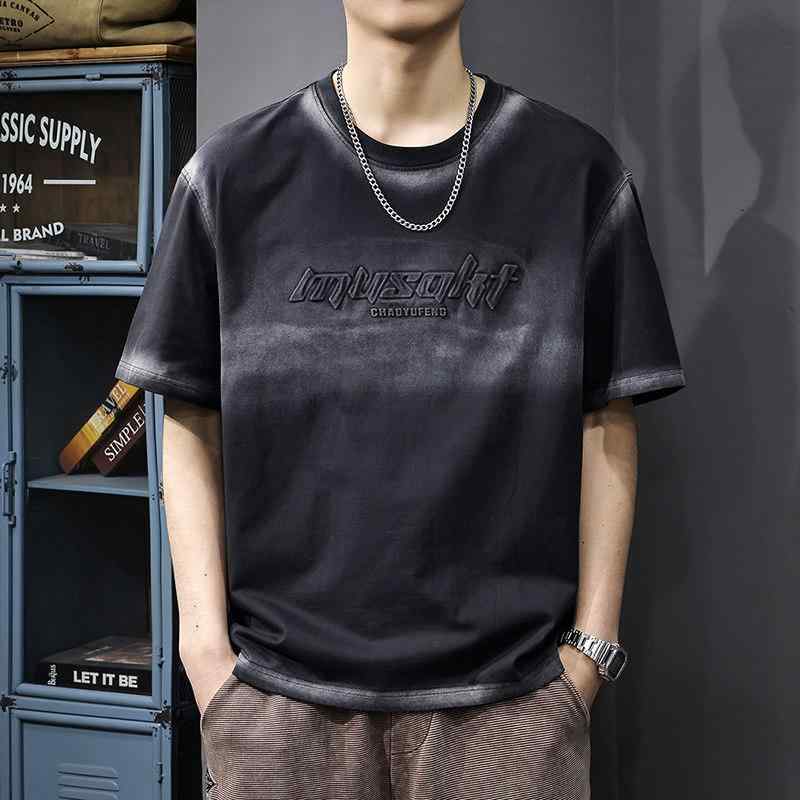 アメリカン レトロ ウォッシュ加工 ダメージ加工 コットン カジュアル 半袖 Tシャツ メンズ 夏 ゆったり