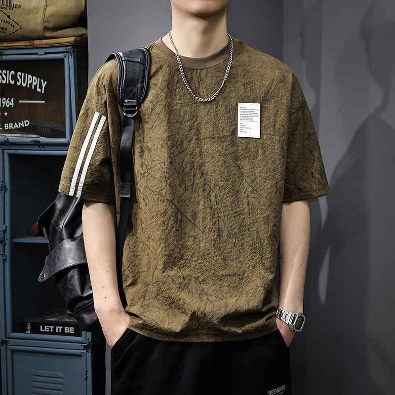 夏 冷感 ストライプ メンズ 半袖 Tシャツ アメリカン テクスチャード 五本袖 Tシャツ