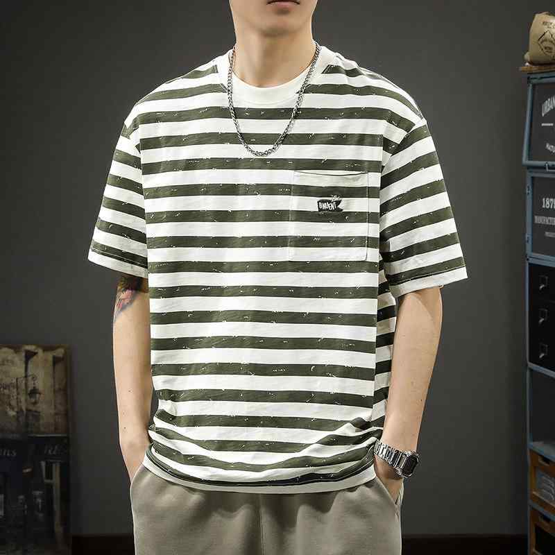 夏 ストライプ 半袖 Tシャツ メンズ ゆったり フィット 大きいサイズ アメリカン カジュアル スタイル ブルトン シャツ
