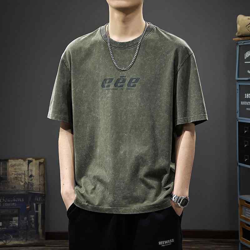夏 コーデ レター プリント 半袖 Tシャツ メンズ ウォッシュ加工 ゆったり 大きいサイズ クルーネック