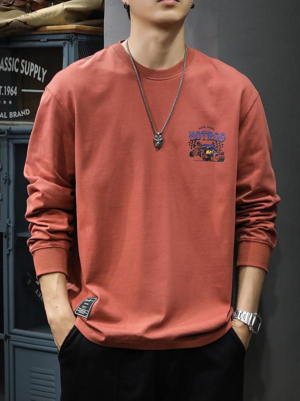 秋 綿 長袖 Tシャツ メンズ スウェット シャツ ゆったり フィット 大きいサイズ ストリート プリント クルーネック ベース シャツ