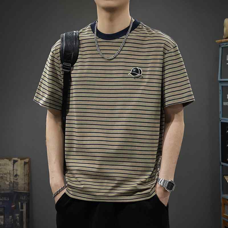 アメリカン レトロ ダメージ加工 ストライプ 半袖 Tシャツ メンズ 夏 スタイル ゆったり フィット ラウンドネック ハーフ スリーブ シャツ