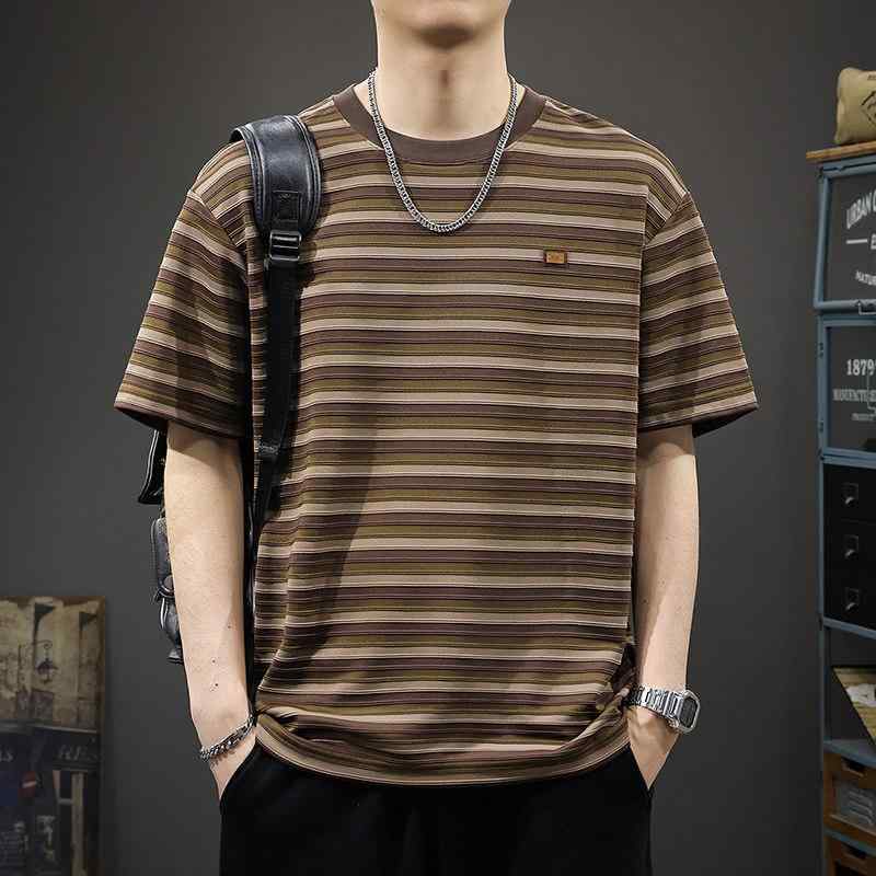 夏 薄手 ストライプ カジュアル 半袖 Tシャツ メンズ ゆったり 通しセーラー シャツ ハーフ スリーブ クルーネック Tシャツ