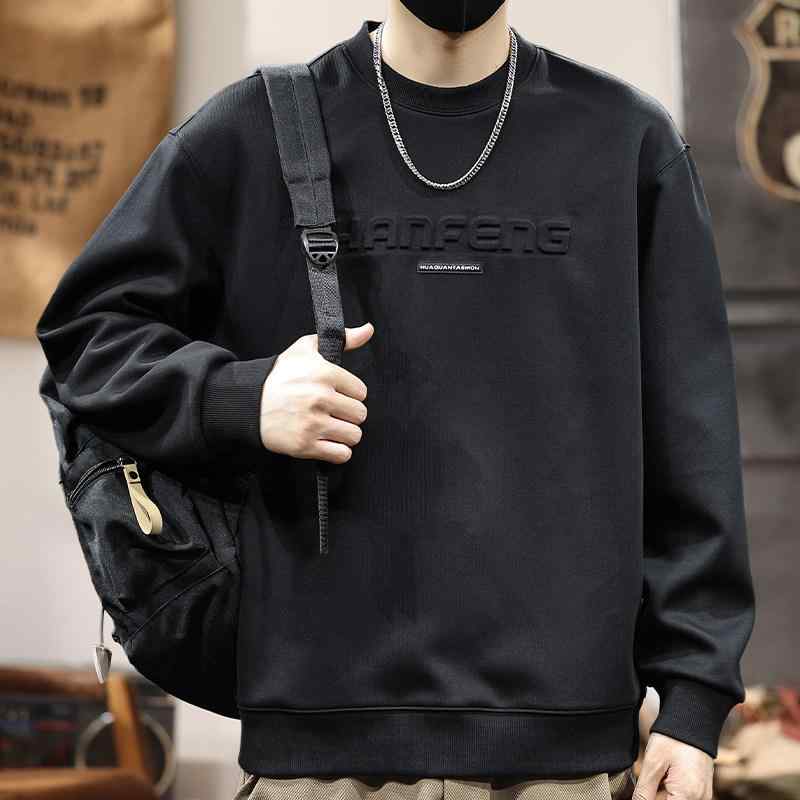 メンズ 秋　冬 フリース 裏地付き スウェット シャツ ゆったり フィット スタイリッシュ プリント メンズ ベース シャツ 長袖 厚手 Tシャツ