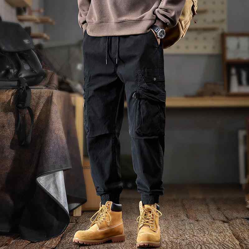 秋 アメリカン アウトドア カーゴ パンツ メンズ スタイル ストレッチ ウエスト 厚手 テーパードレッグ カジュアル パンツ