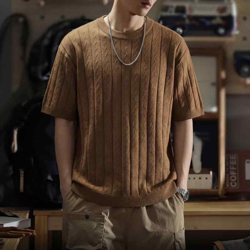 快適 シープ ウール メンズ 半袖 Tシャツ 夏 コーデ スタイル ストライプ カジュアル 半袖 Tシャツ