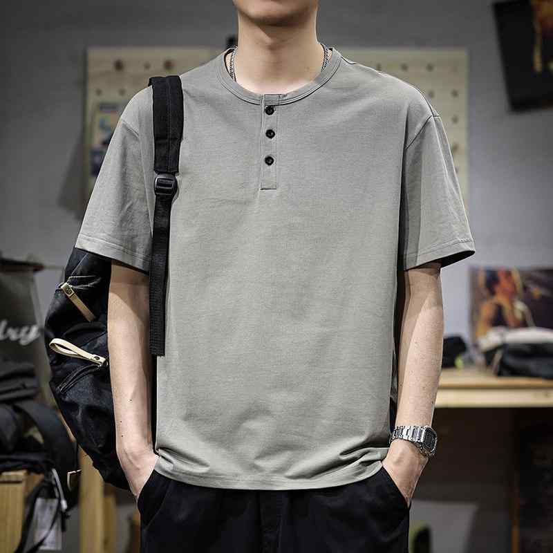 レトロ ヘンリーカラー 半袖 メンズ ポロシャツ ゆったり カジュアル 無地 クルーネック 快適 Tシャツ