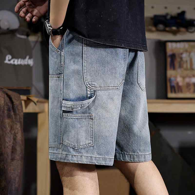 夏 アメリカン メンズ カーゴ デニム パンツ ゆったり フィット 大きいサイズ ストレート レッグ カジュアル マルチ ポケット ハーフ