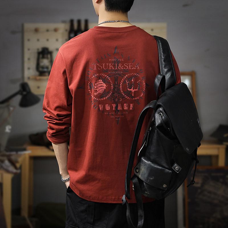 春　秋 綿 レッド 長袖 Tシャツ メンズ アメリカン スタイル 大きいサイズ ゆったり カジュアル アンダー シャツ