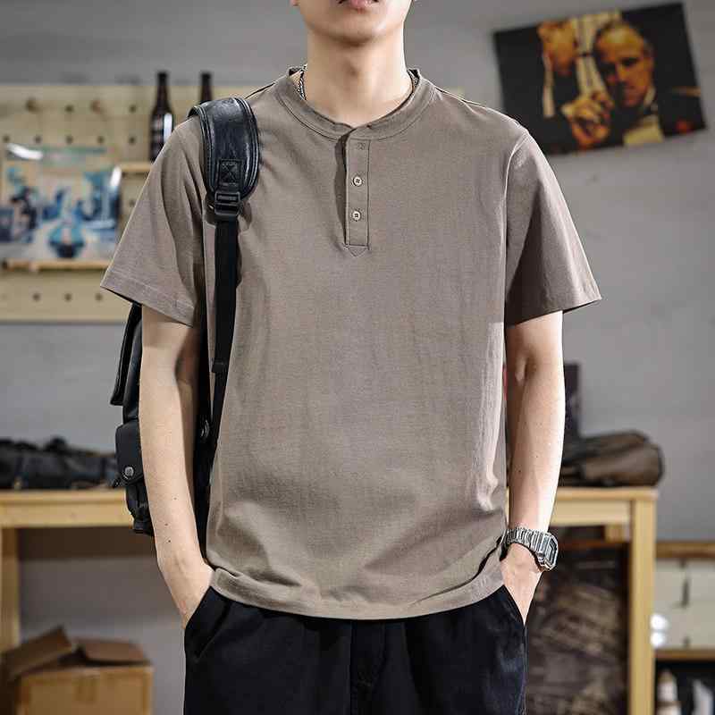 夏 綿 メンズ 半袖 ポロシャツ ヘンリーネック アメリカン ゆったり フィット Tシャツ