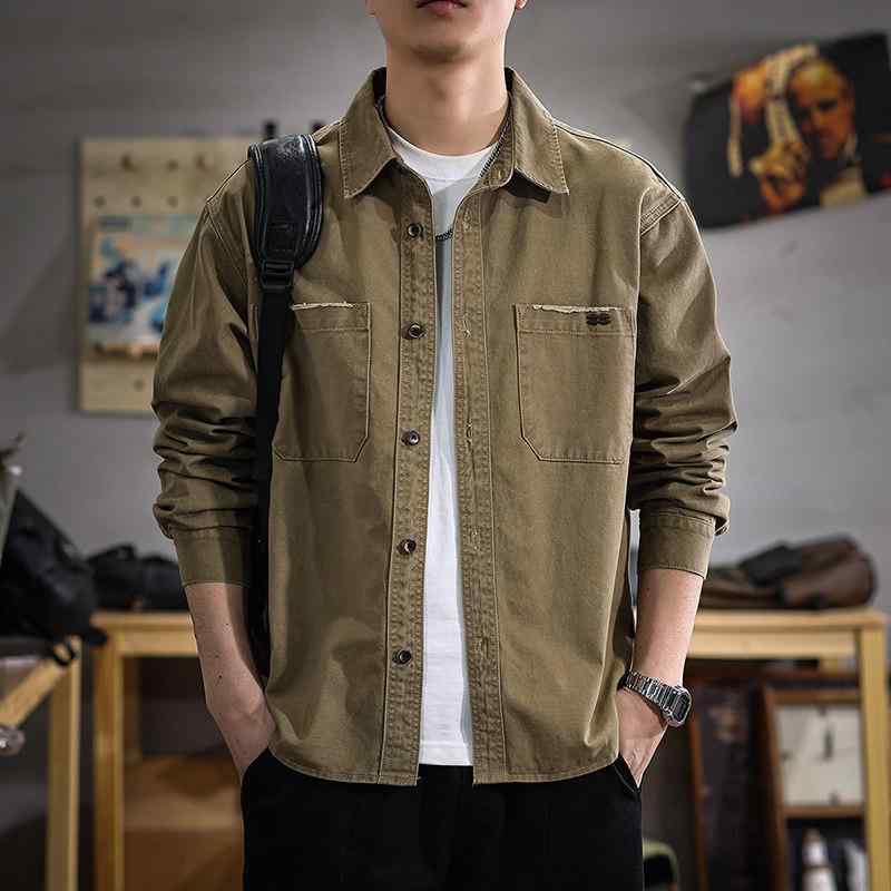 春 秋 コーデ アメリカン レトロ ウォッシュ 長袖 プルオーバー メンズ 気が大きい大きさ 襟付き添い人 プルオーバー 綿 心地よい 上衣