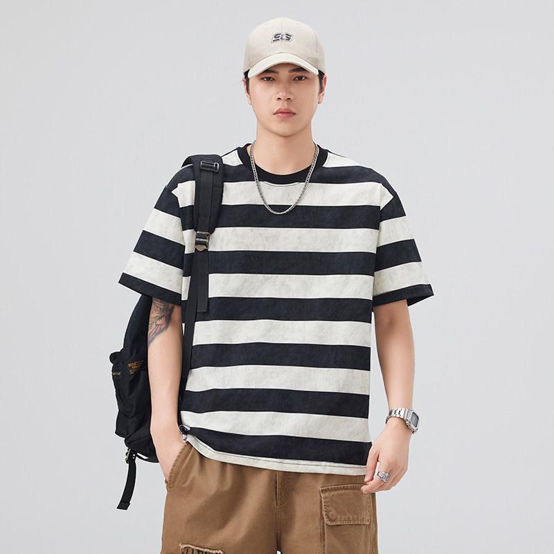メンズ ストライプ Tシャツ シンプル 着回し抜群 春 スタイル 半袖 ゆったり フィット